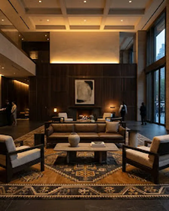 Aman New York lounge with a handwoven rug
