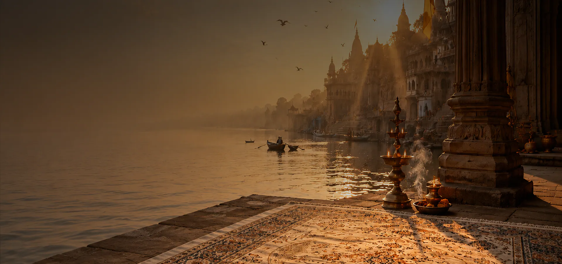 A hand-knotted rug laid on the ghats of Bhadohi at first light
