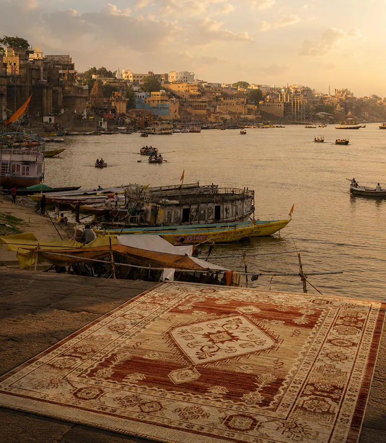 The Ochre Collection — a soft terracotta rug on the riverbank