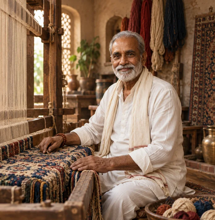 Shri Ramji, founder of Rugs De Indiska, seated at his atelier