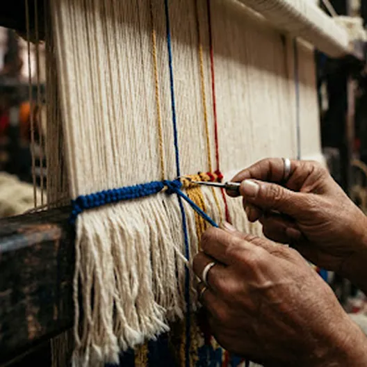 Hands tying knots across a loom