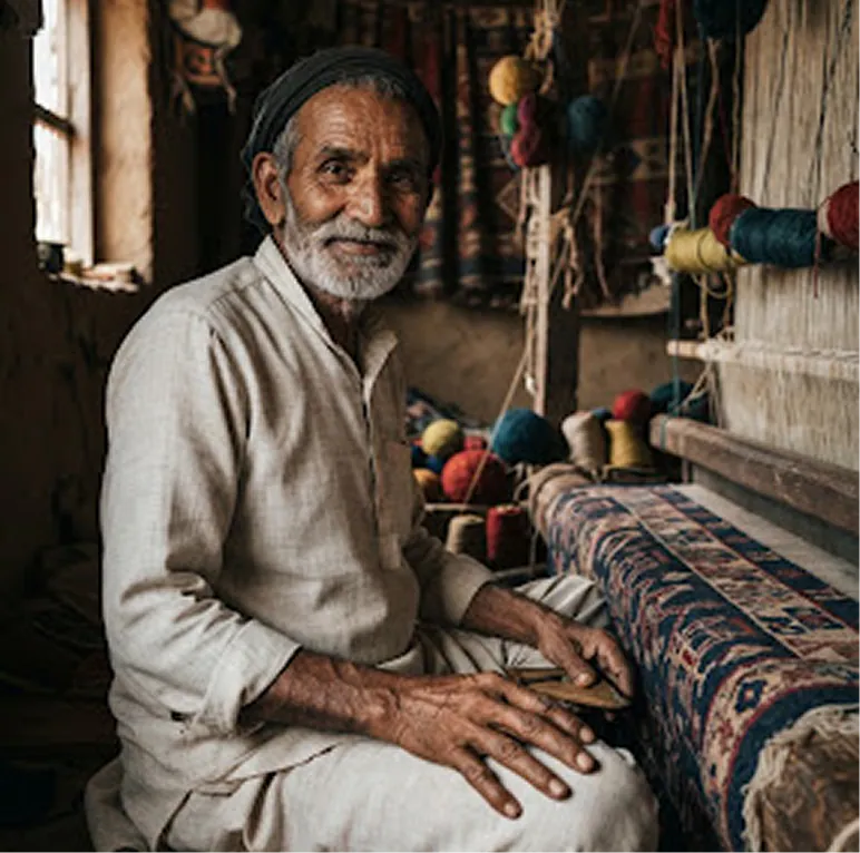 A master weaver seated at his loom, spools of dyed yarn behind him