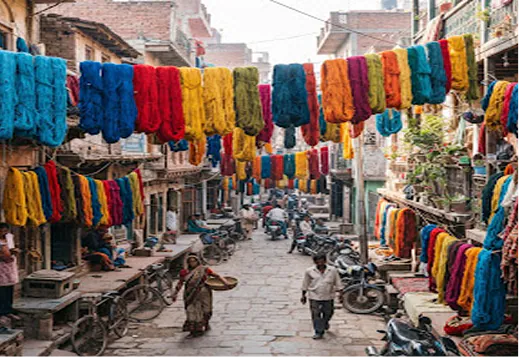 Freshly dyed skeins drying above a Bhadohi street