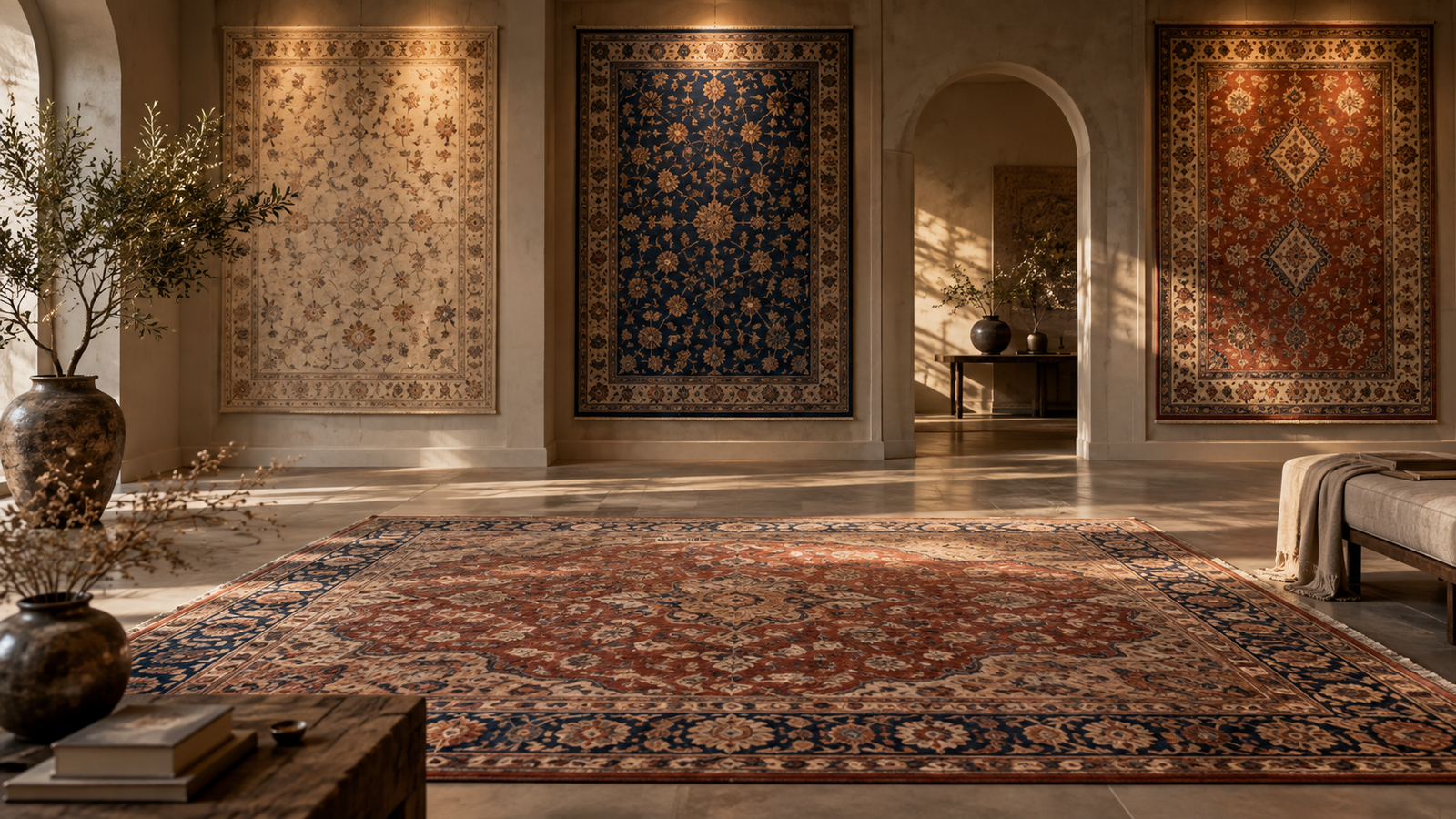 A refined gallery room with multiple hand-knotted rug collections on display