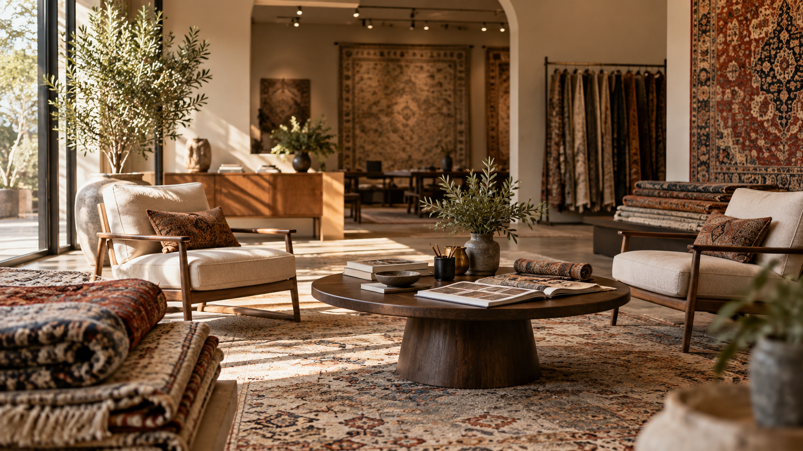A welcoming rug consultation room with samples, seating, and layered handmade rugs