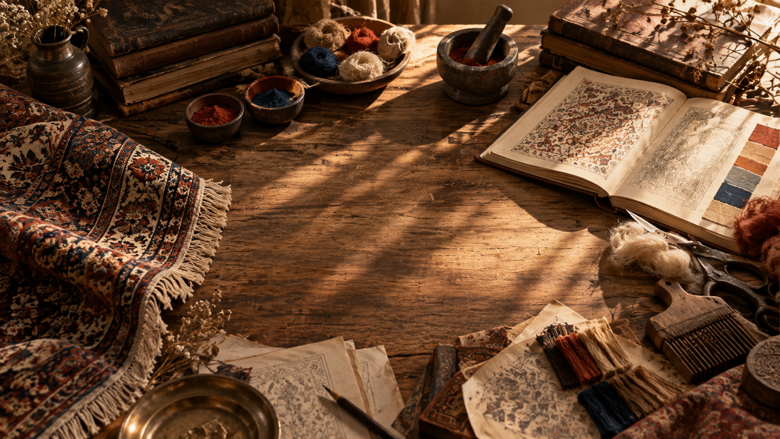 A textile archive table with rug notebooks, dye samples, and hand-drawn motifs