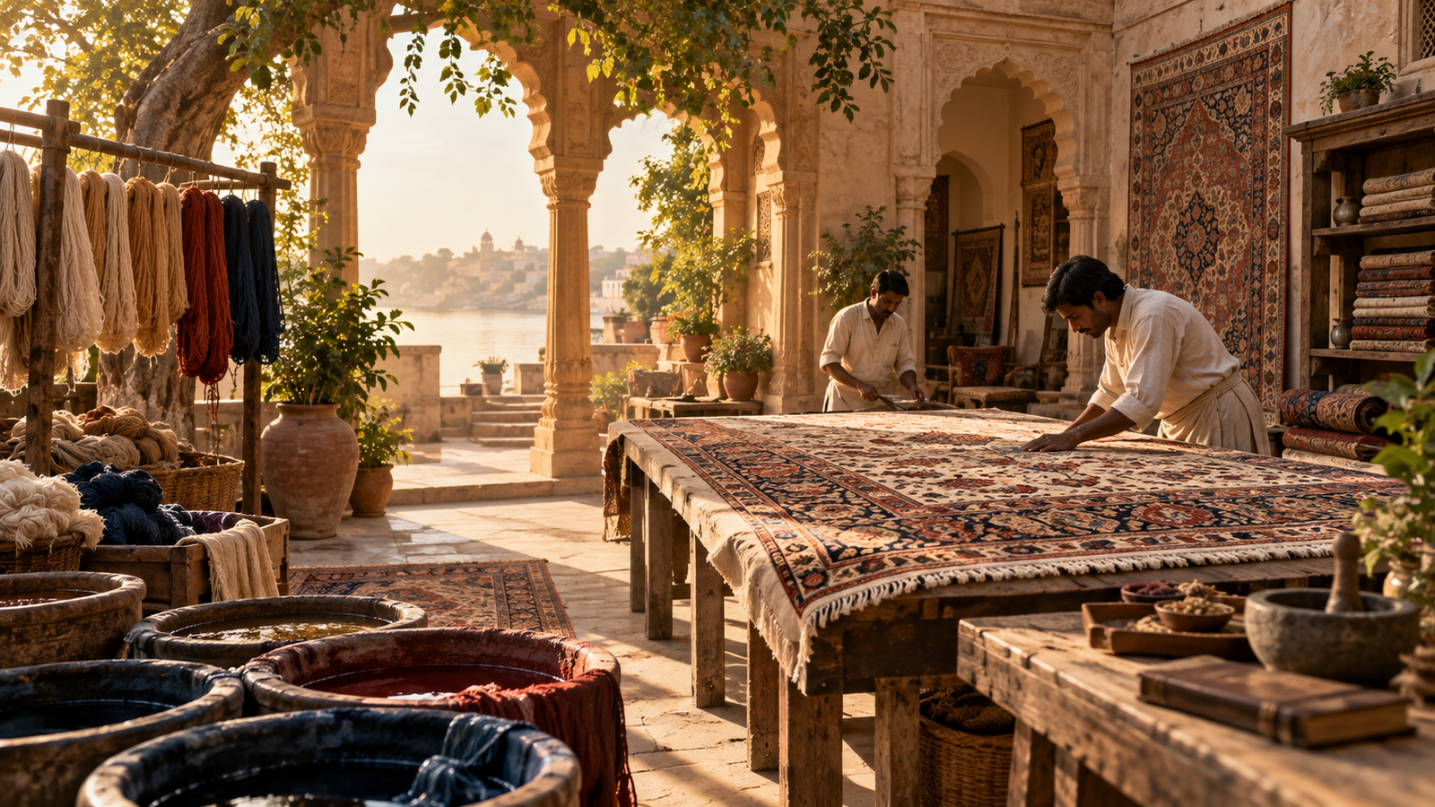 An Indian artisan courtyard with dye vats, yarn skeins, and a rug inspection table